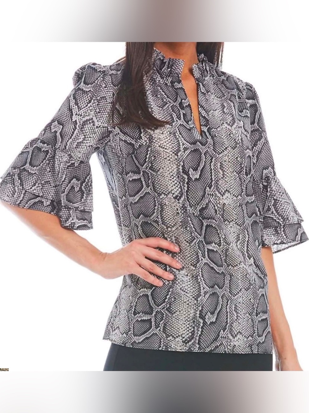 Michael Kors Gray Snake-Print Ruffled V Neck Print Blouse w 3/4 Tiered Sleeve, L